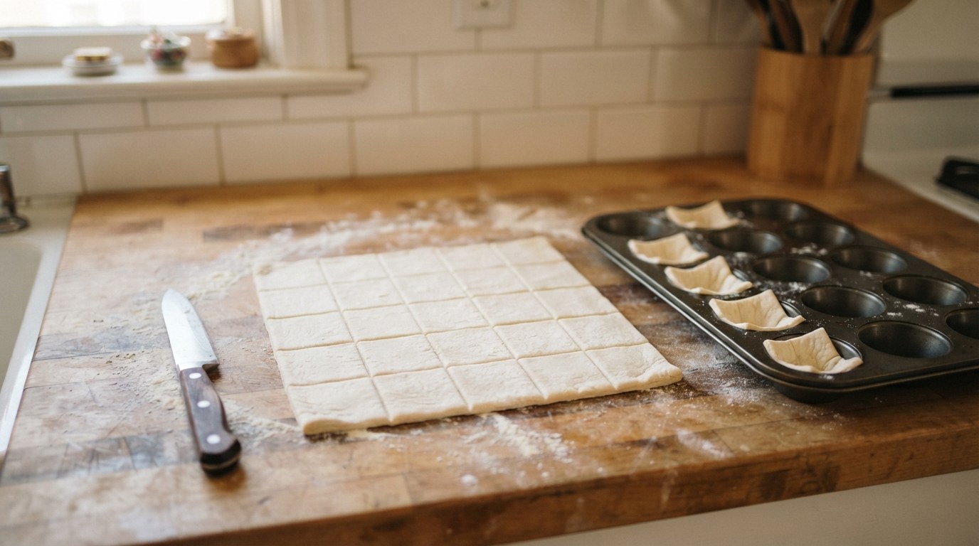 A sheet of thawed puff pastry cut into a grid of squares on a floured counter, with several squares already pressed into the wells of a mini-muffin tin