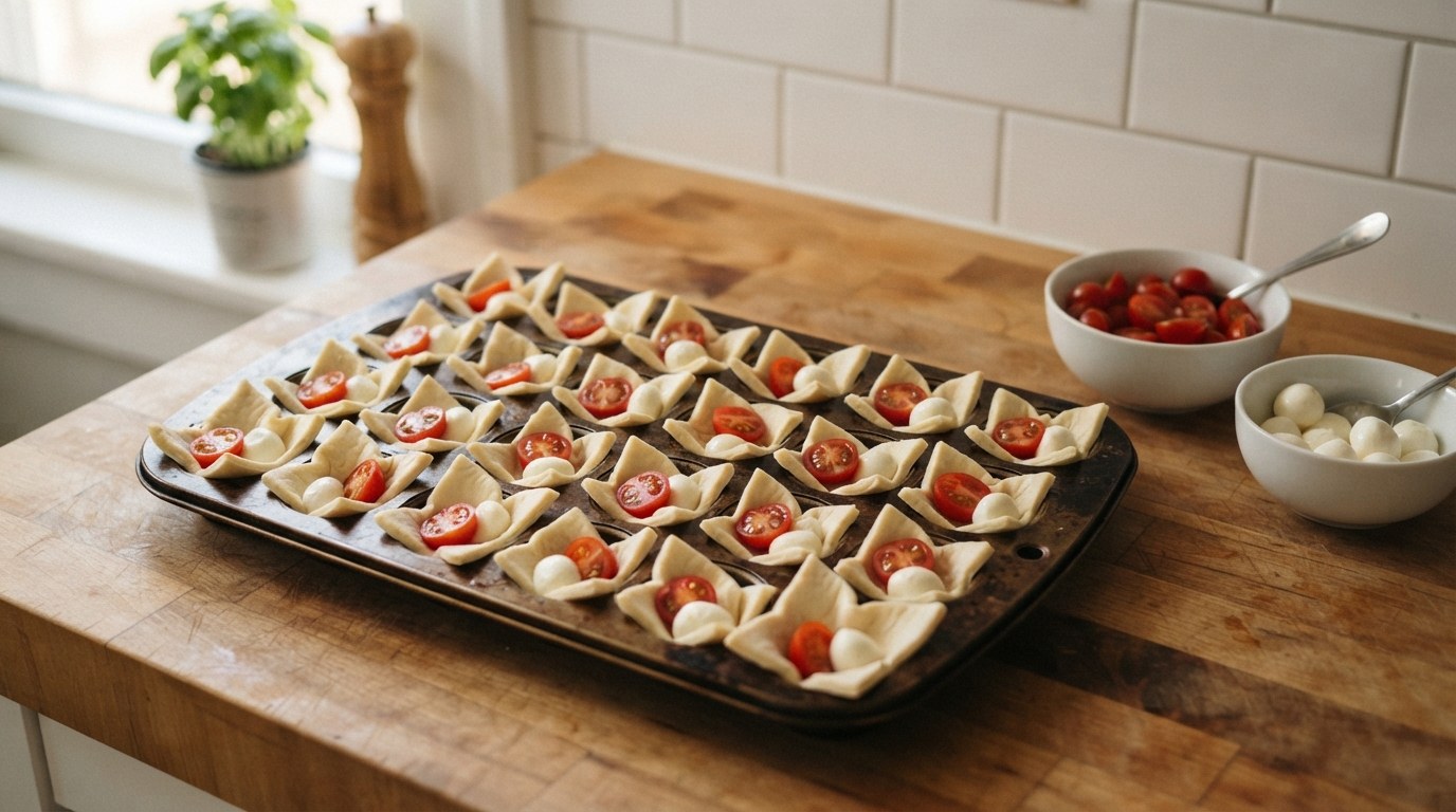 A mini-muffin tin lined with raw puff pastry squares, each filled with a cherry tomato half cut-side up and a fresh mozzarella pearl, with bowls of tomatoes and mozzarella pearls beside it