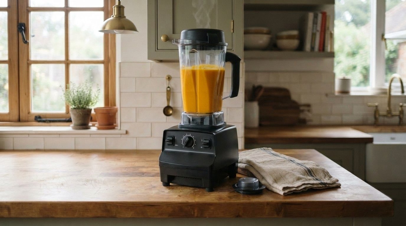 Hot butternut squash soup in a heavy-duty blender with the lid cap removed to vent steam