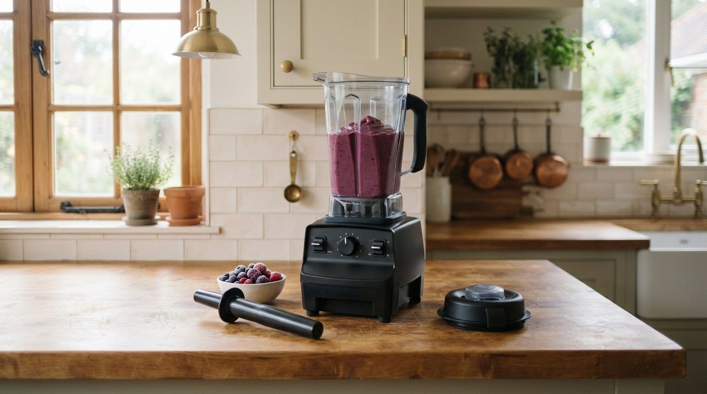Heavy-duty blender with a thick frozen-berry blend in the jar and a blender tamper on the counter