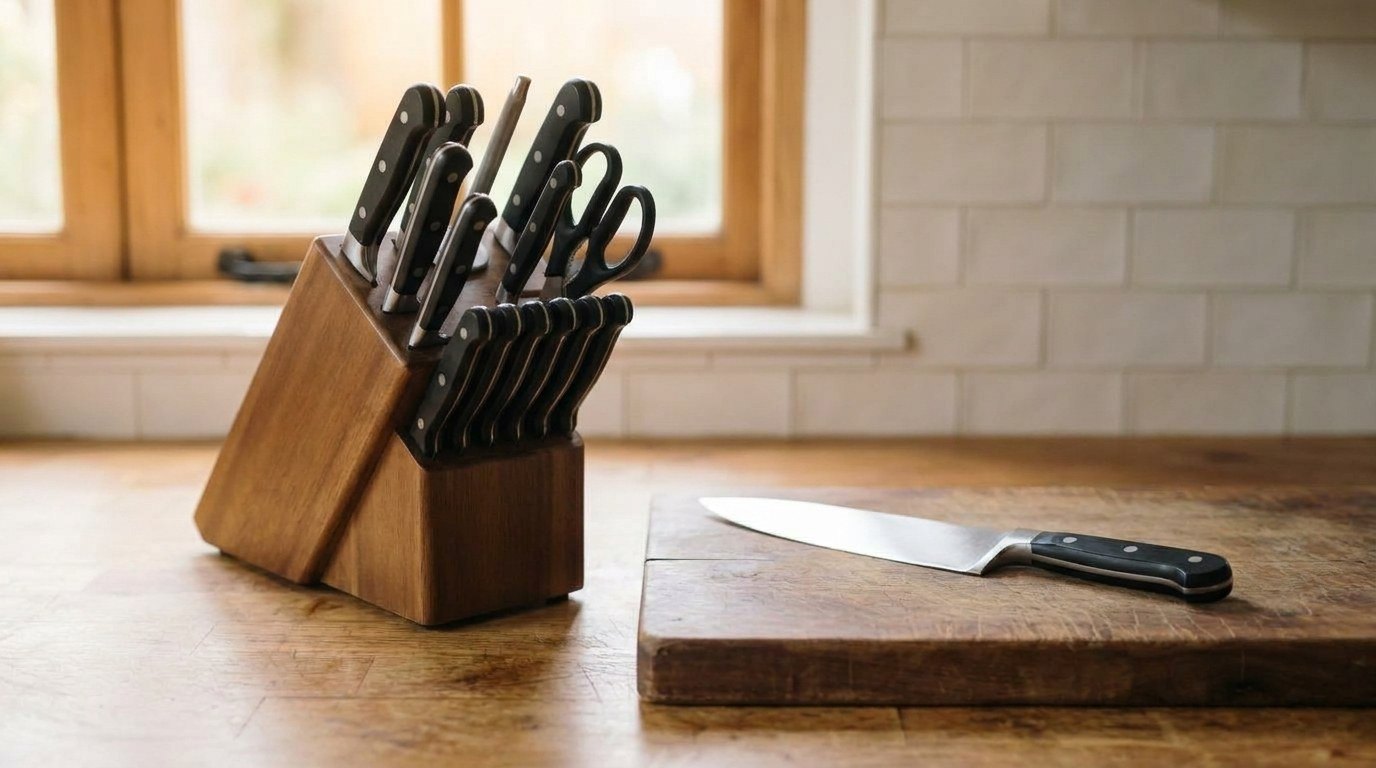 A wooden knife block of black triple-riveted kitchen knives, steak knives and shears on a butcher-block counter beside a chef's knife on a wooden cutting board