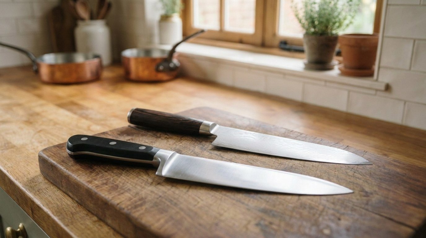 Two chef's knives on a wooden cutting board, a heavier German-style knife with a black riveted handle and bolster beside a thinner Japanese-style knife with a Damascus-pattern blade and a dark wooden handle