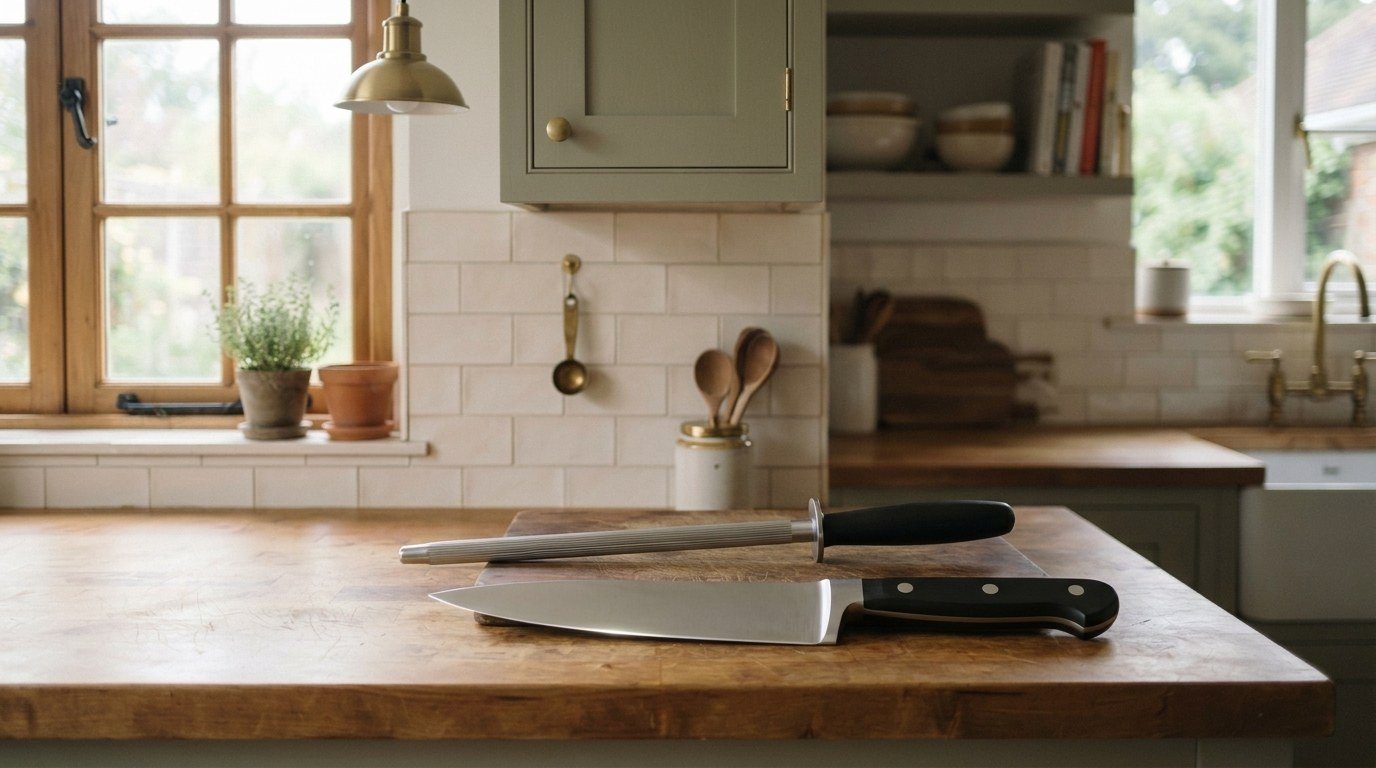 A chef's knife with a black riveted handle lying beside a grooved honing steel on a wooden cutting board in a home kitchen