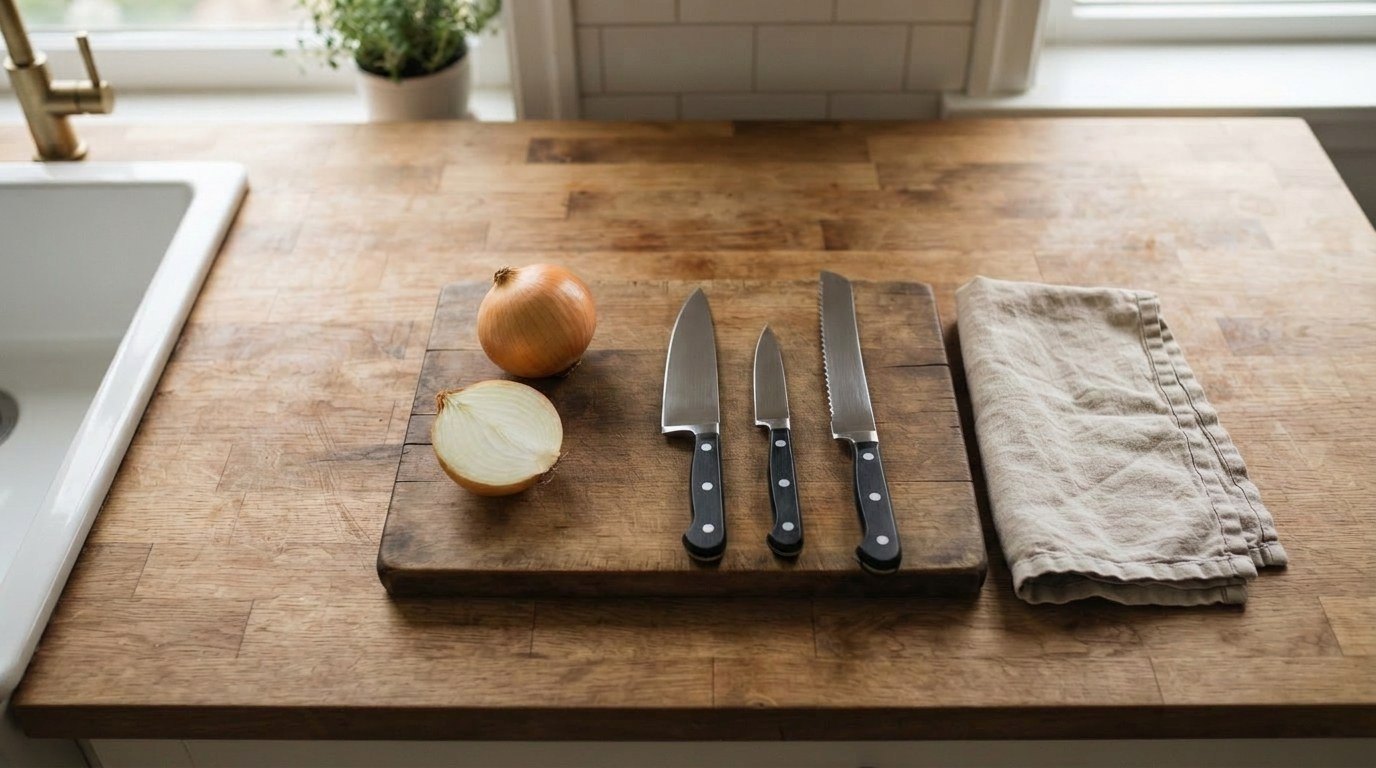 An 8-inch chef's knife, a paring knife and a serrated bread knife with black riveted handles laid side by side on a wooden cutting board beside a whole onion and a halved onion