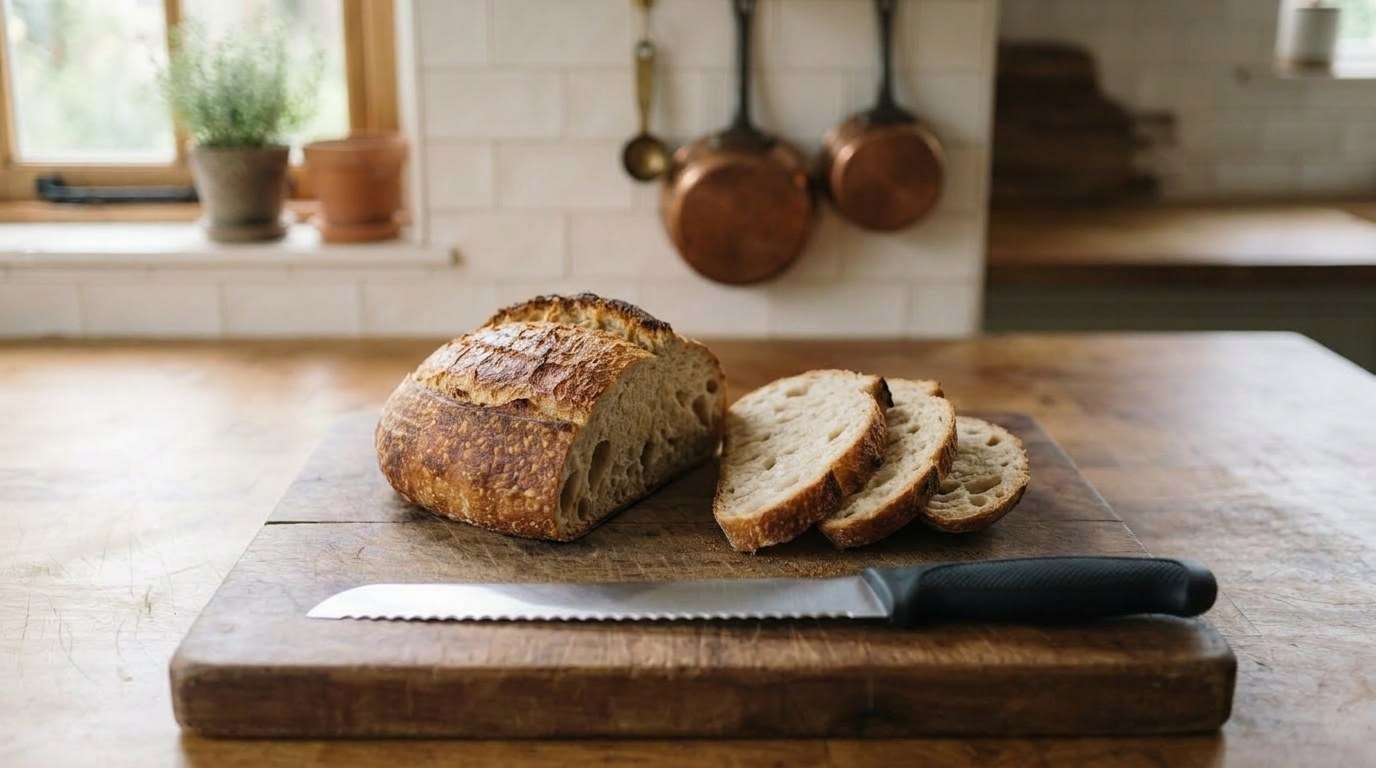 A long serrated bread knife with a black handle on a wooden cutting board beside a crusty sourdough loaf and three slices showing an open crumb
