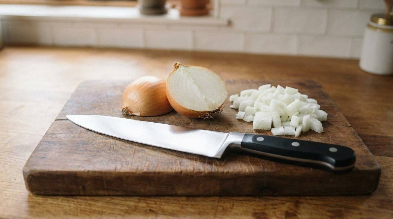 An 8-inch chef's knife with a black triple-riveted handle on a wooden cutting board beside a halved yellow onion and a pile of diced onion