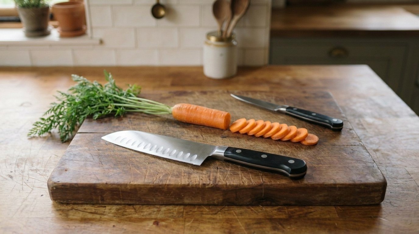 A santoku knife with oval hollows along the edge and a small paring knife on a wooden cutting board beside a whole carrot with its green top and a row of thin carrot rounds