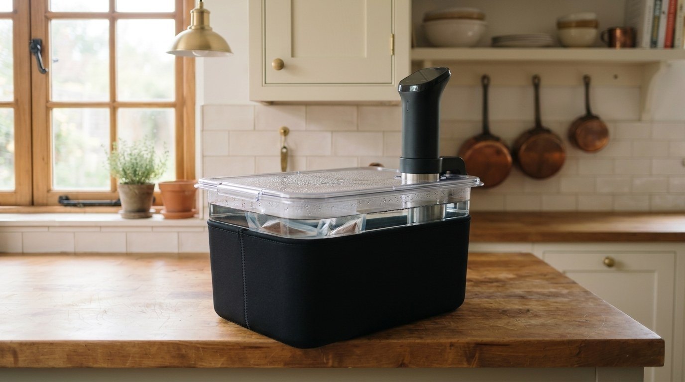 Sous vide container wrapped in a black neoprene insulating sleeve with the clear lid closed and a circulator clamped through the lid, on a wooden kitchen counter