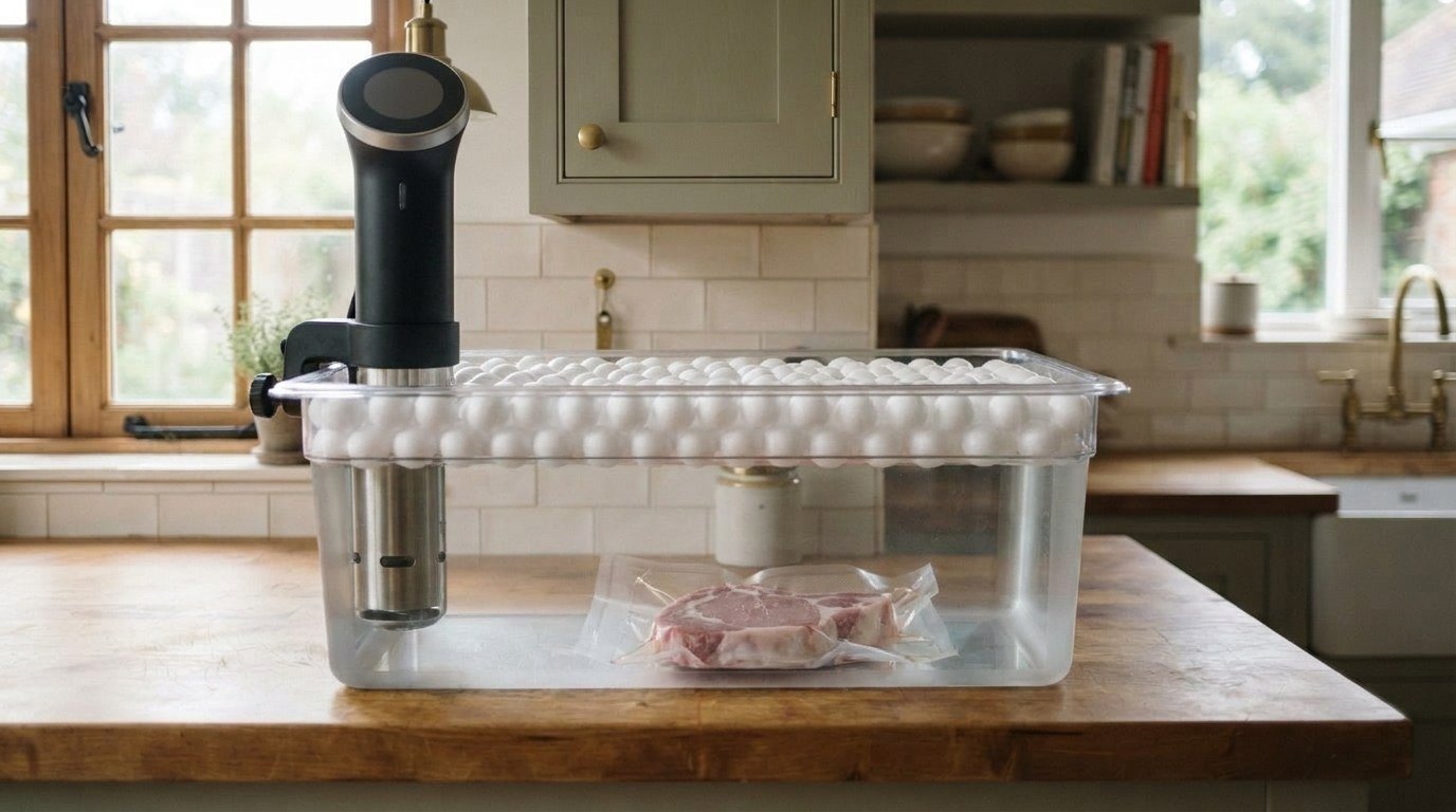 Open clear sous vide container with the water surface covered in a layer of small white floating insulation balls, a circulator clamped to the rim and a vacuum-sealed pork chop in the water