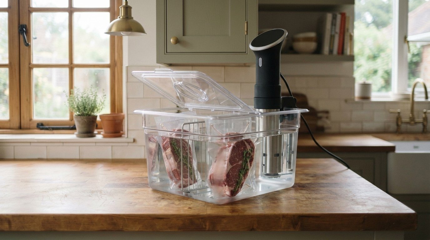 Clear 12-quart sous vide container with a hinged lid folded open, an immersion circulator clamped through the lid cut-out, and two vacuum-sealed steaks held upright in a stainless steel rack