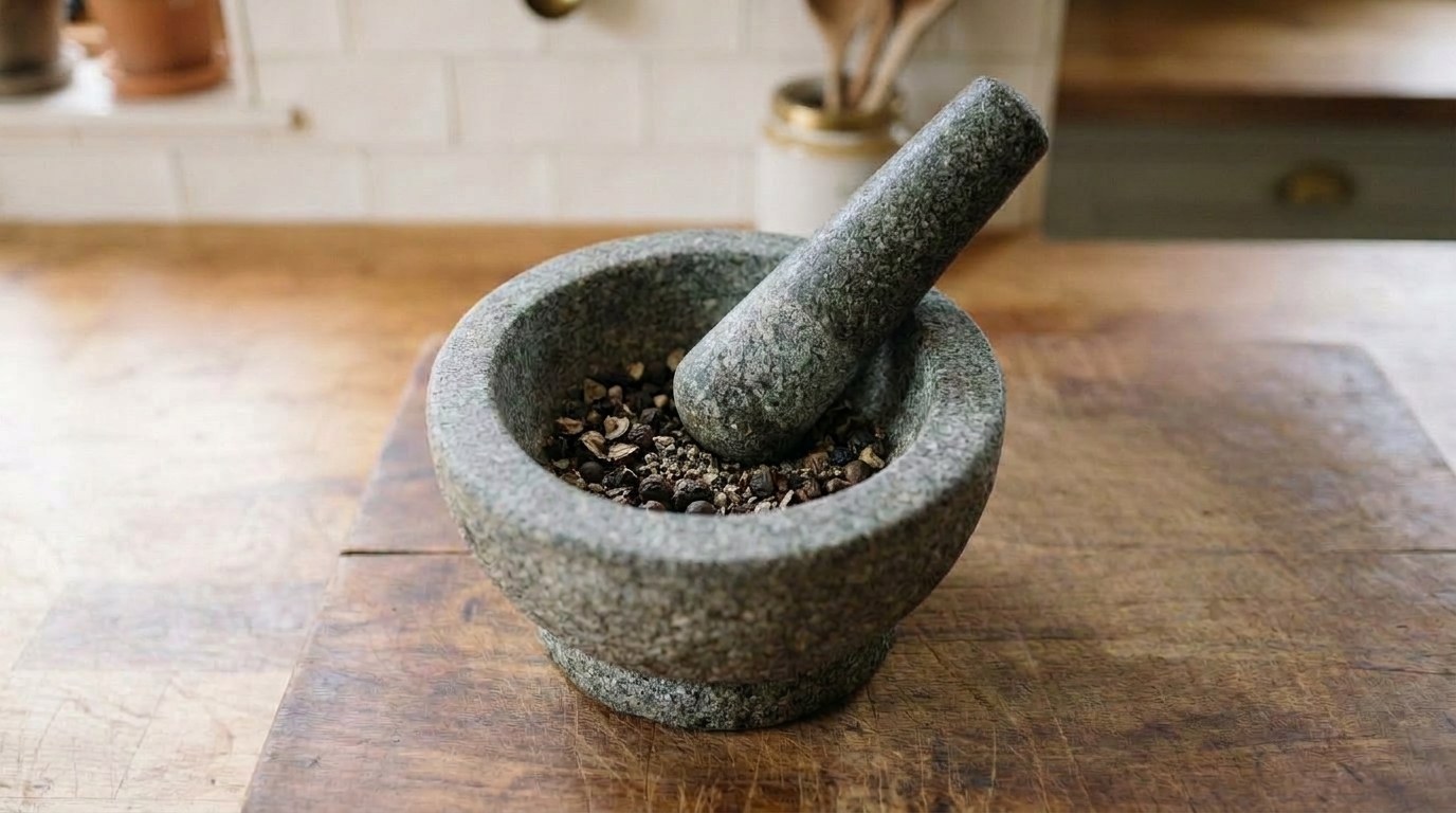 Coarsely cracked black peppercorns in a granite mortar with the pestle resting in the bowl, whole peppercorns scattered beside it on a wooden counter