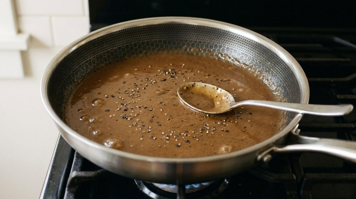 Finished black peppercorn sauce, smooth, glossy and coffee-brown with cracked pepper, in a hybrid skillet on a gas range with a coated spoon resting in it