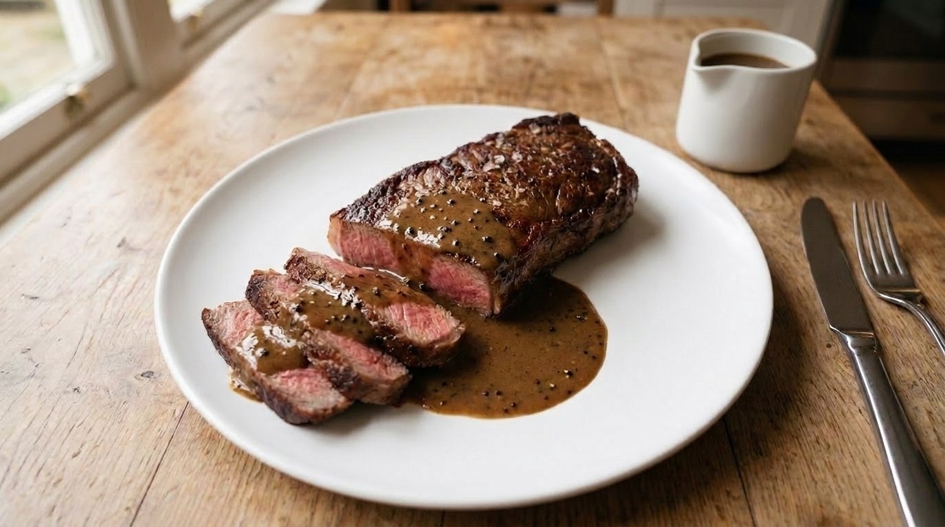Creamy black peppercorn sauce over sliced strip steak