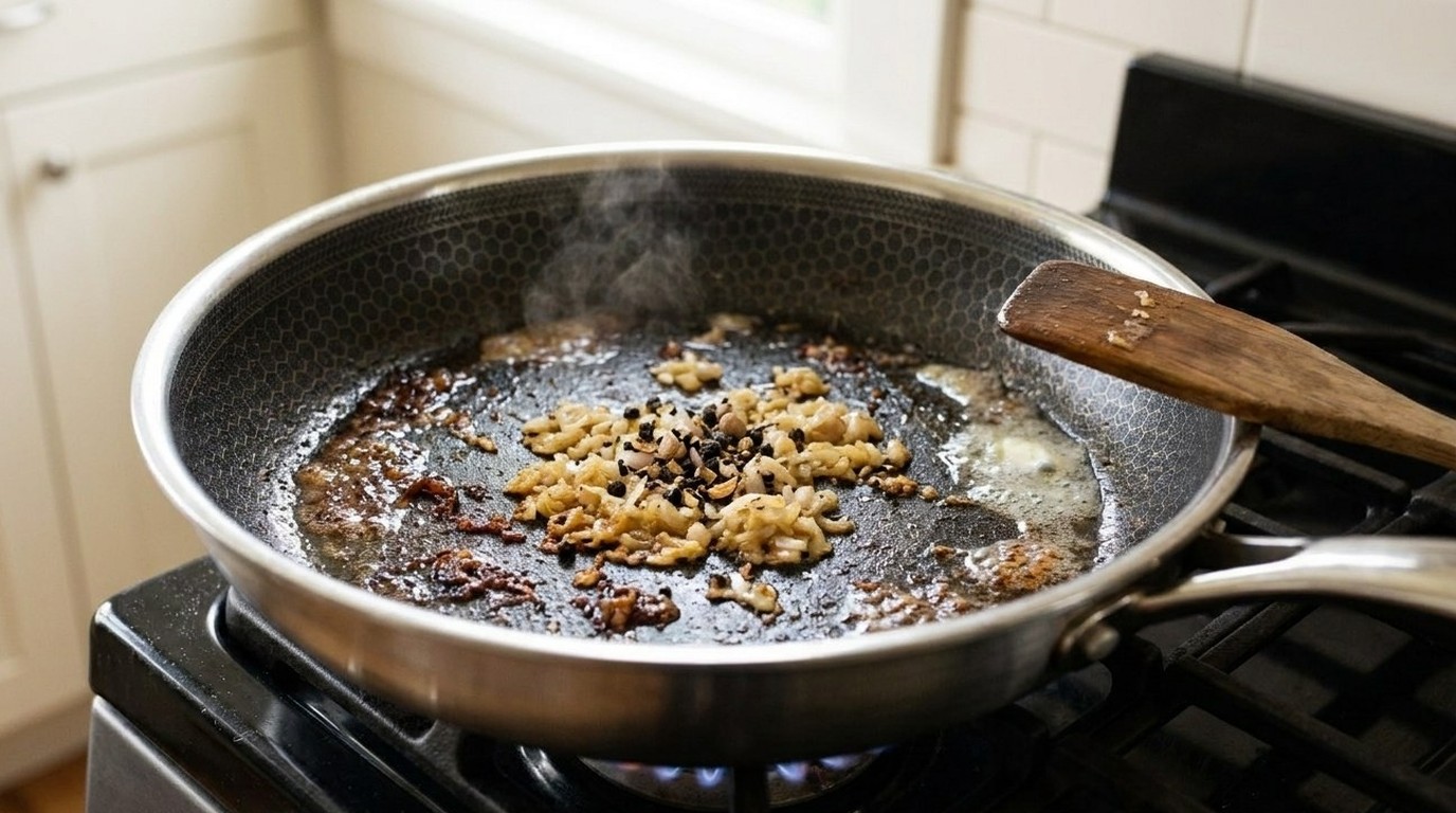 Finely diced shallot and cracked black peppercorns toasting in butter over the browned fond in a hybrid skillet on a gas range, before any liquid is added
