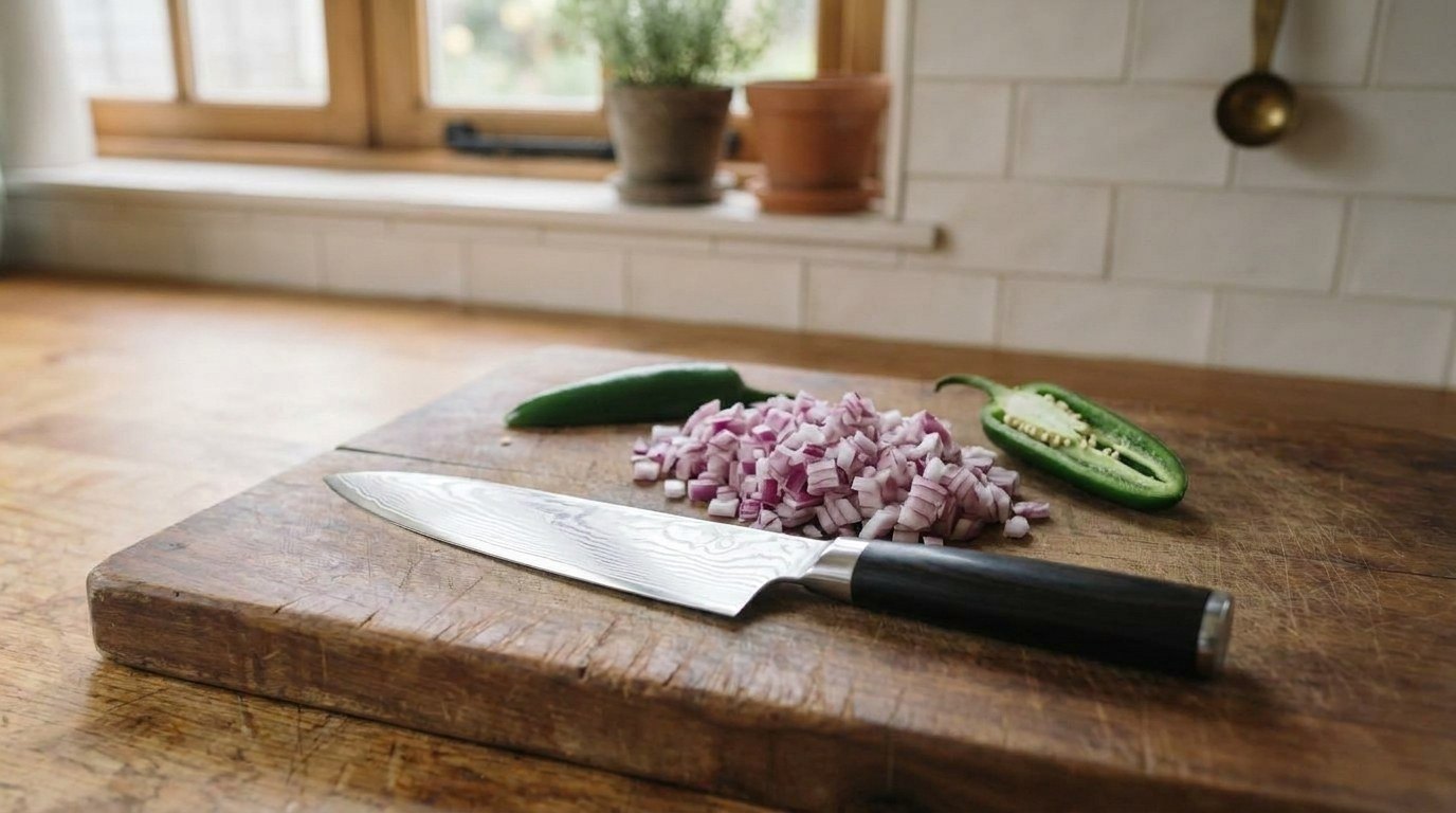 A Damascus-pattern 8-inch chef's knife with a dark D-shaped wood handle on a worn cutting board beside diced red onion and a jalapeno split lengthwise