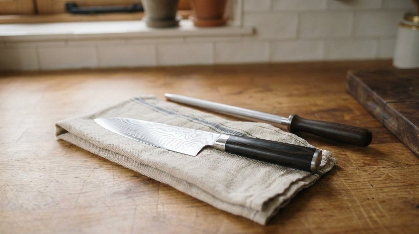 A Damascus-pattern chef's knife drying on a folded linen towel beside a long steel honing rod on a wooden kitchen counter