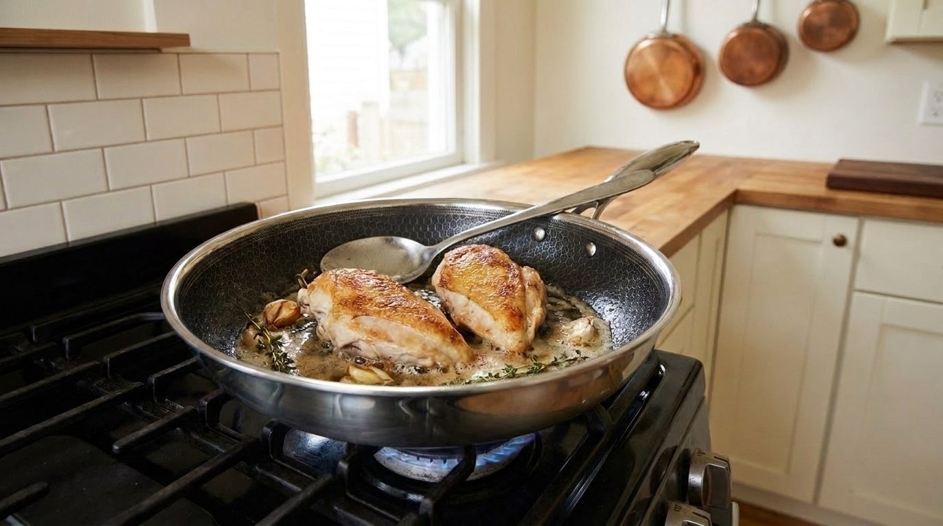 Two split chicken breasts turned skin-side up after searing, golden-brown skin, in a honeycomb-surface skillet of foaming brown butter with smashed garlic cloves and thyme sprigs, on a gas range