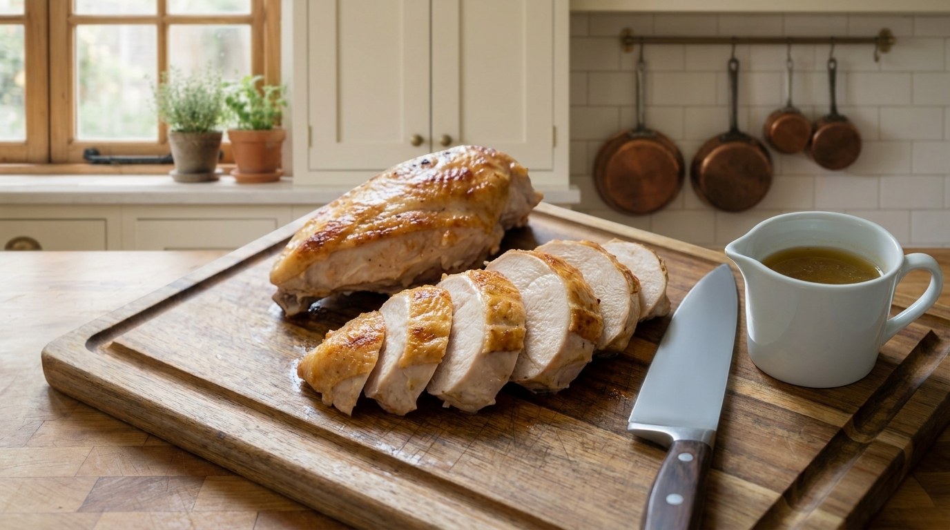 A roasted bone-in chicken breast carved off the bone into thick slices of juicy white meat on a wooden board, a whole breast behind, with a small jug of pan sauce