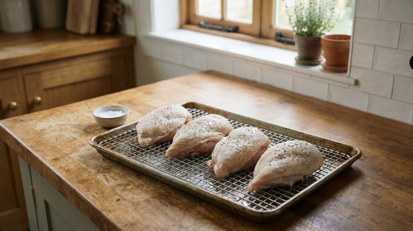 Four raw split chicken breasts dry-brining skin-side up on a wire rack over a sheet pan on a butcher-block counter, the dry, taut skin speckled with kosher salt and black pepper