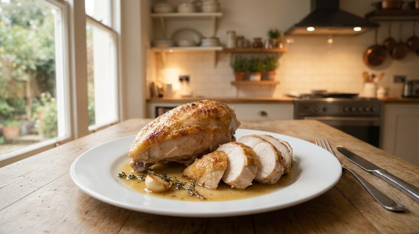 Bone-in chicken breast recipe: a whole roasted split chicken breast with golden skin and a second breast sliced to show moist white meat, with garlic-thyme pan sauce on a white plate