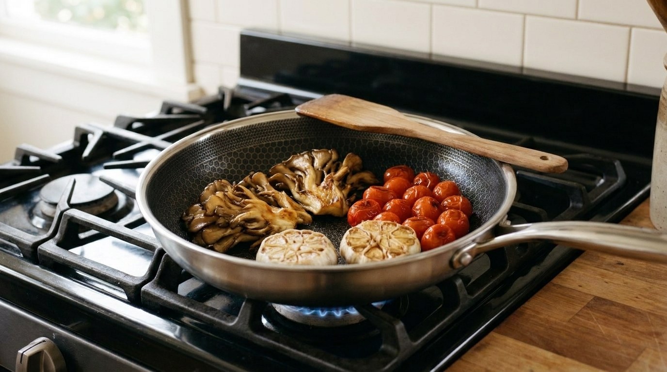Glazed maitake mushroom clusters, blistered cherry tomatoes and two roasted garlic halves in a hybrid skillet on a gas range, garnishes for a bone-in ribeye