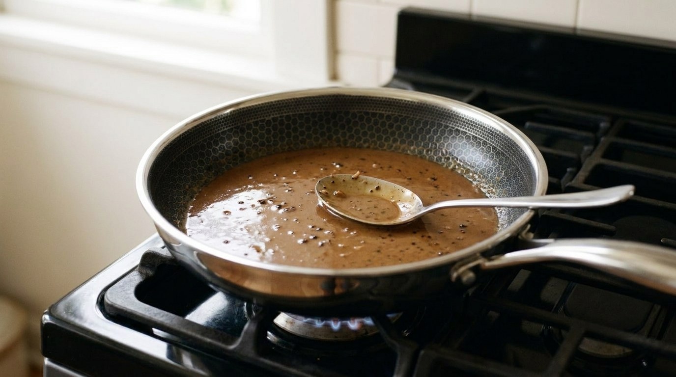 A glossy brown black peppercorn pan sauce flecked with cracked pepper simmering in a hybrid skillet on a gas range