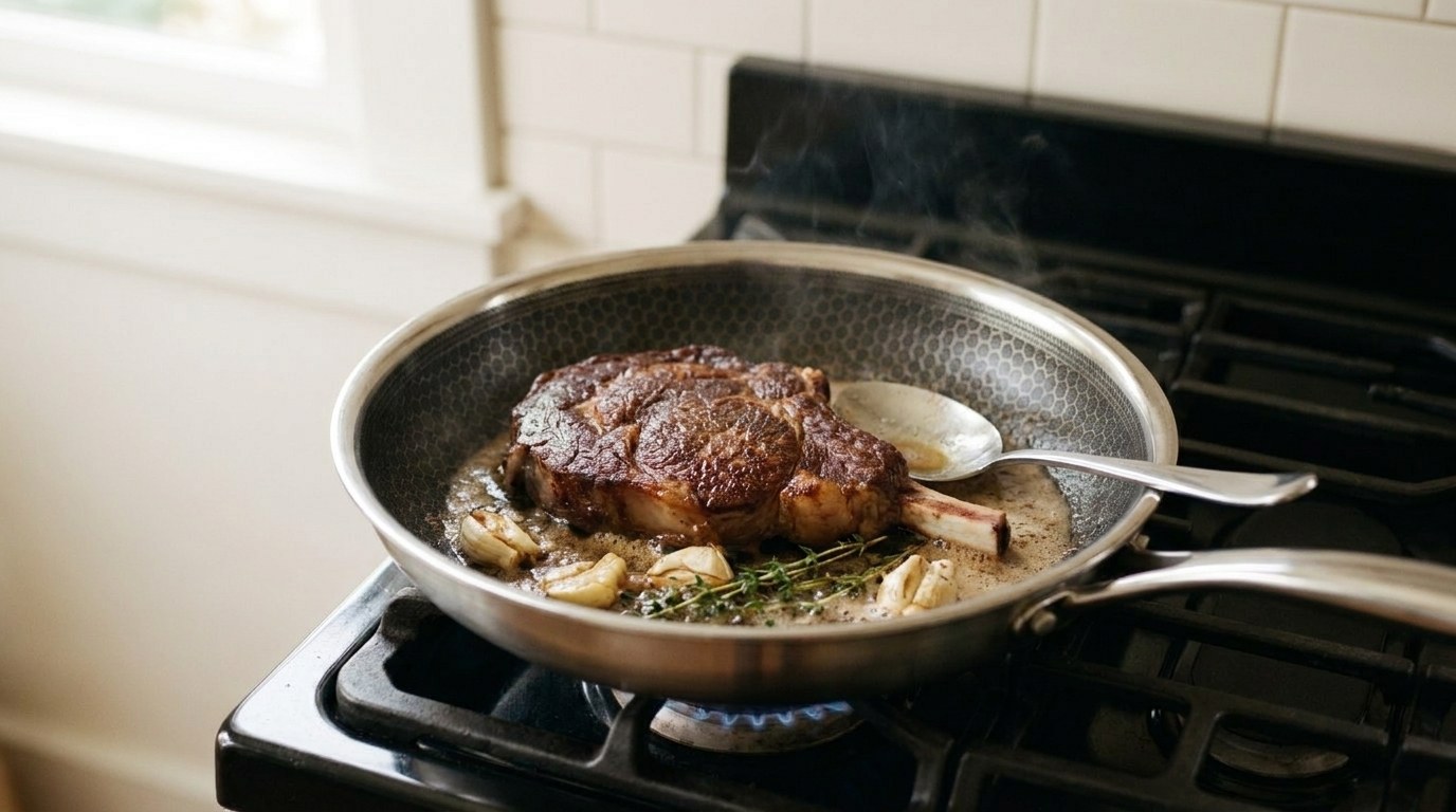 A thick bone-in ribeye with a deep brown crust searing in a hybrid skillet on a gas range, basted with foaming butter, smashed garlic and thyme