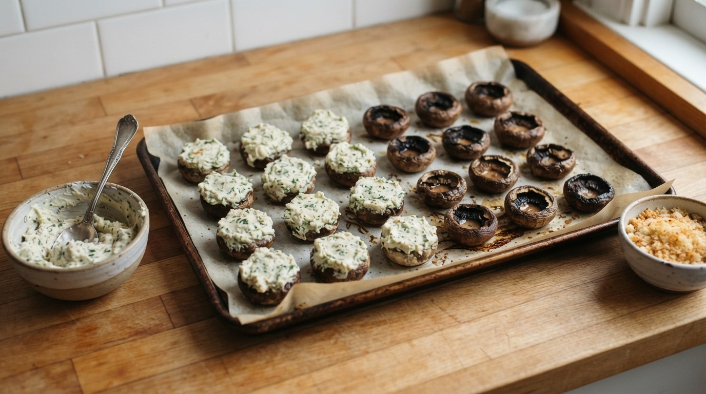 Roasted mushroom caps on a parchment-lined sheet pan, half of them mounded with Boursin filling, with a bowl of the filling and a bowl of buttered panko alongside
