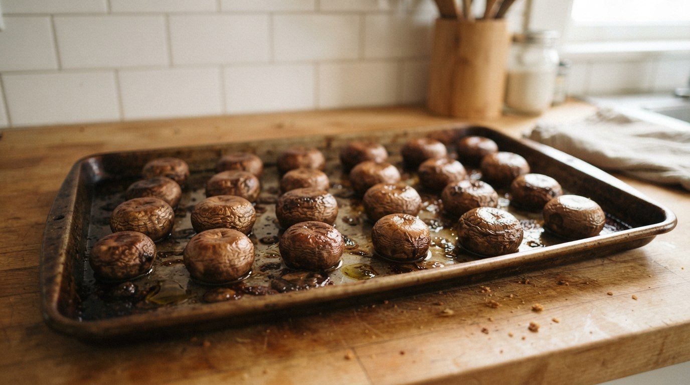 Two dozen cremini mushroom caps roasted domed-side up on a sheet pan, shrunken and deep brown, with the water they released pooled on the pan around them