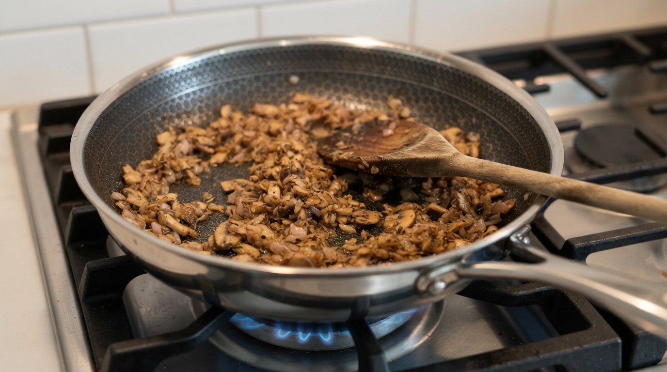 Finely minced mushroom stems and shallot cooked down dry and golden brown in a skillet, a wooden spoon resting in the pan