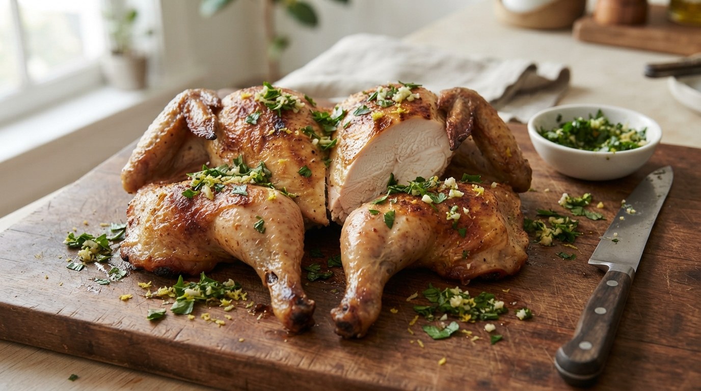 Brick chicken carved into quarters on a wooden board, a cut breast showing juicy white meat, topped with herb gremolata of parsley, lemon zest and garlic