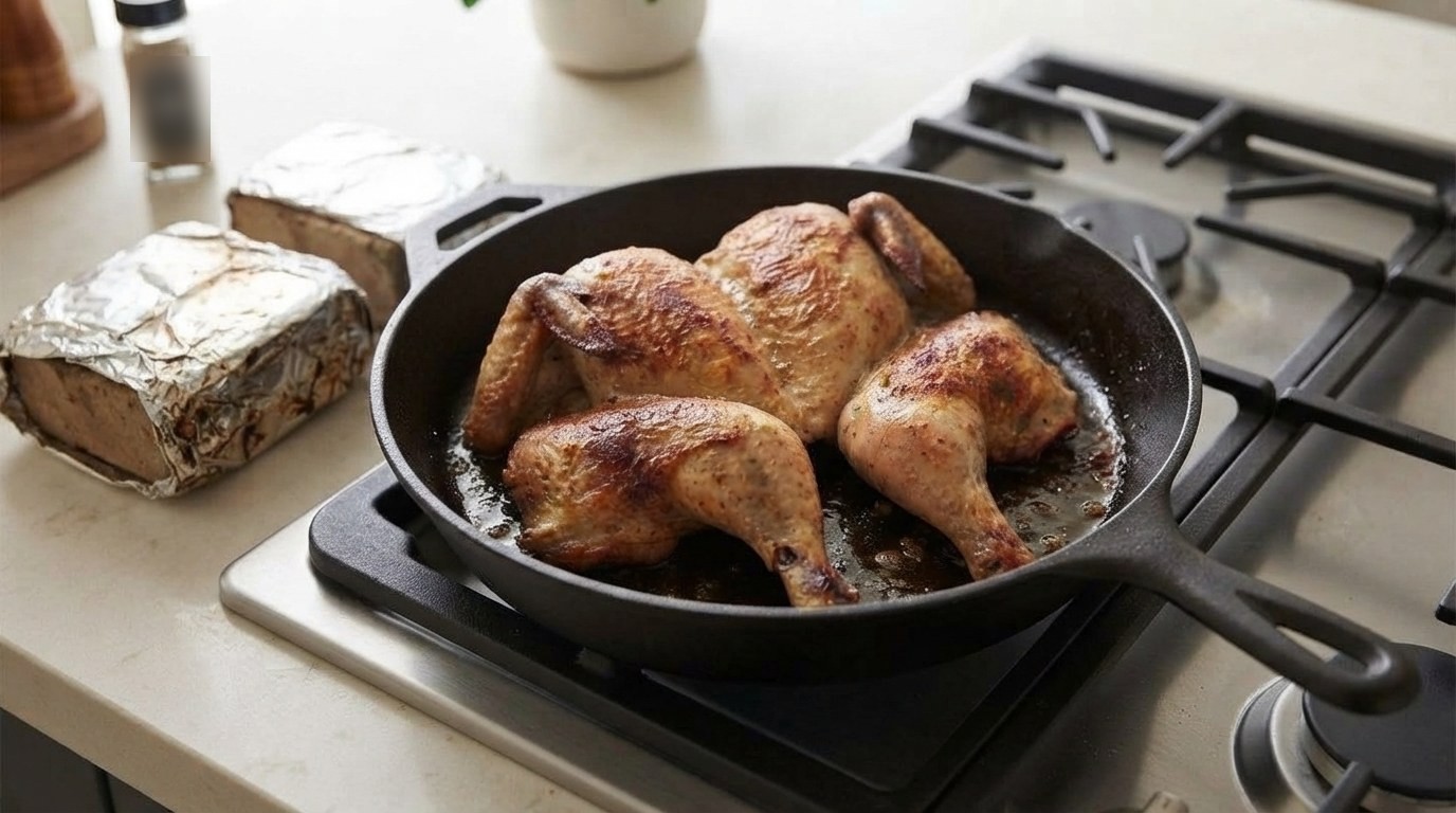 A spatchcocked chicken just flipped skin-side up in a cast-iron skillet, the skin deep golden-brown and crisp from cooking under the bricks, the two foil-wrapped bricks set aside on the counter