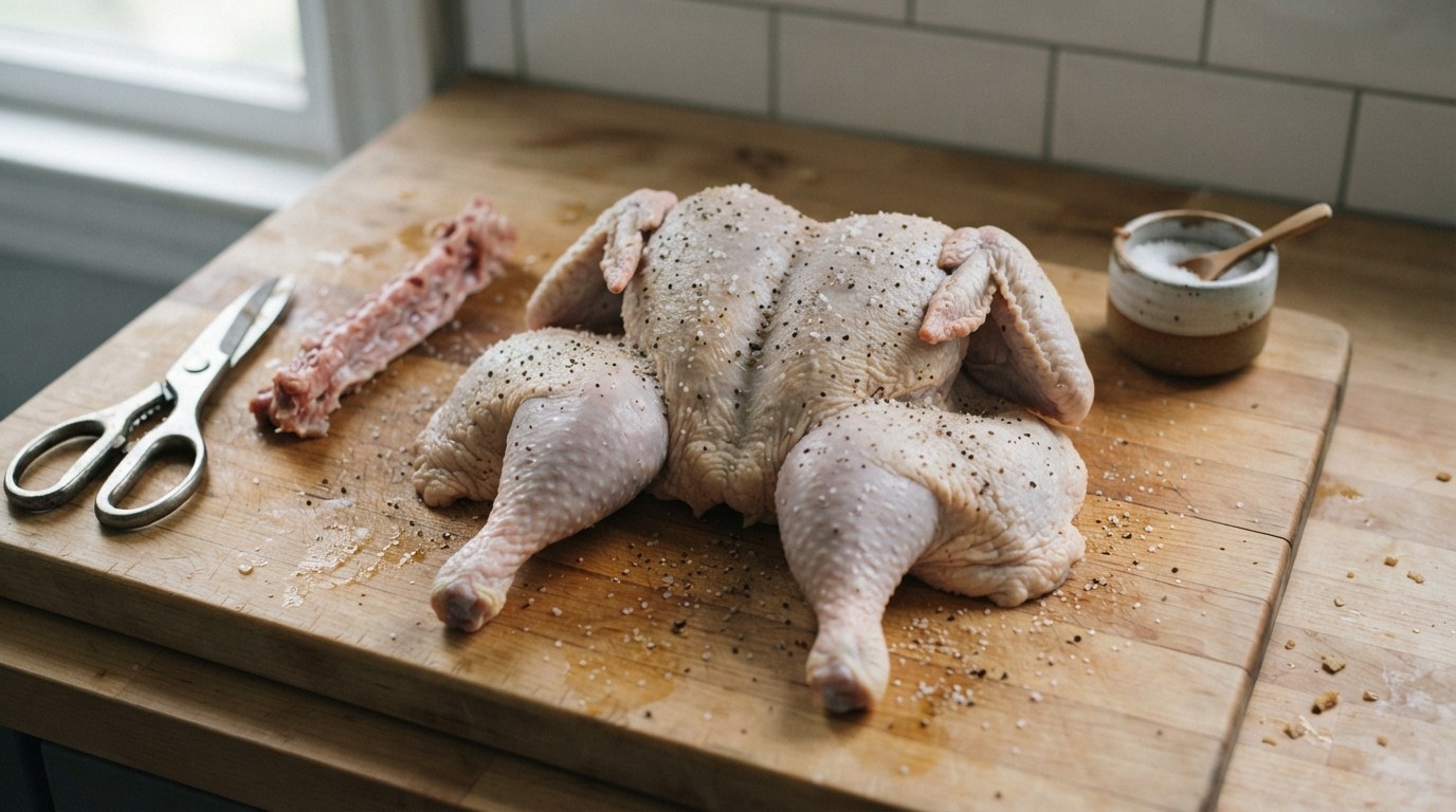 A raw spatchcocked chicken pressed flat on a wooden cutting board, seasoned with coarse salt and pepper, with the removed backbone and kitchen shears beside it