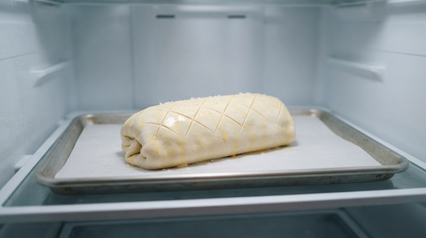 An unbaked beef Wellington wrapped in raw egg-washed puff pastry with a scored crosshatch, chilling on a parchment-lined sheet pan in the refrigerator before baking