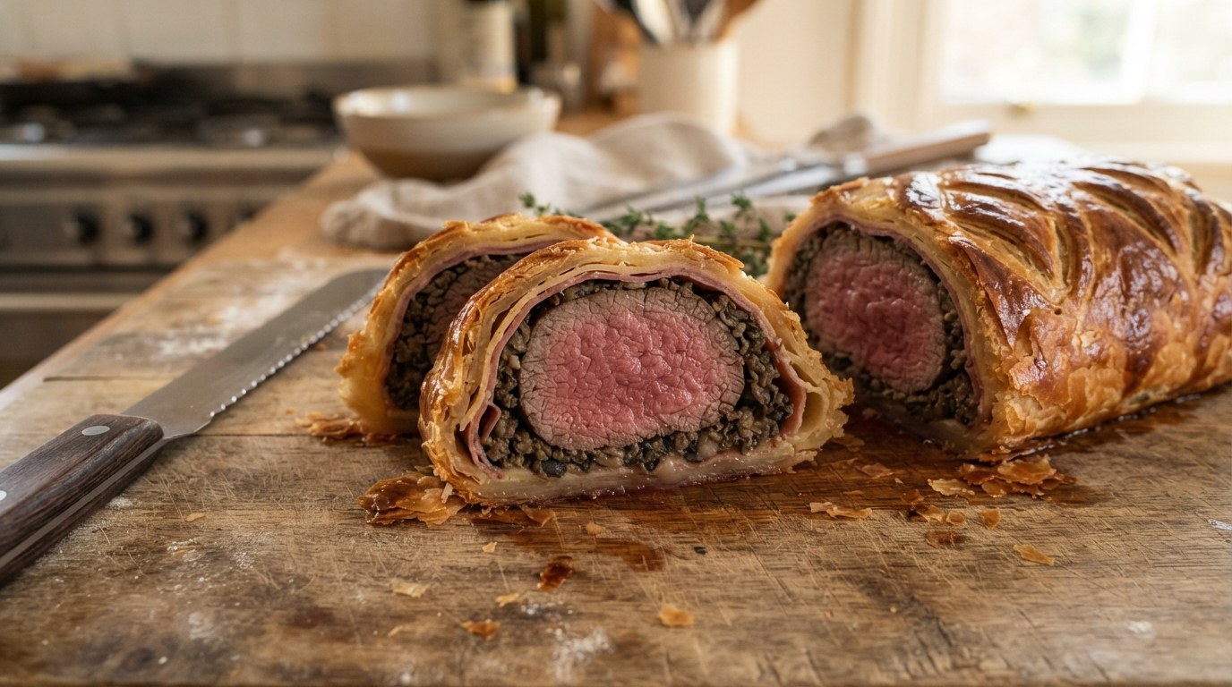 Two thick slices of beef Wellington on a carving board showing golden puff pastry, a thin crepe and Parma ham layer, dark mushroom duxelles and an even pink medium-rare center