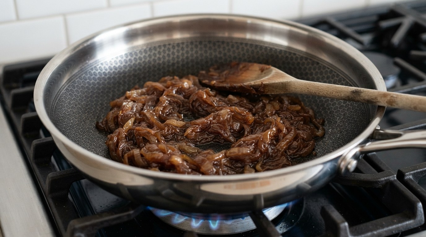 A small heap of deeply caramelized onions, soft, glossy and mahogany brown, cooked down to a fraction of their volume with no liquid left in the pan