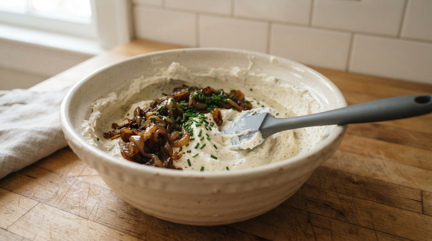 A wide ceramic mixing bowl of whipped cream cheese, sour cream and mayonnaise with cooled caramelized onions and chives on top, about to be folded in