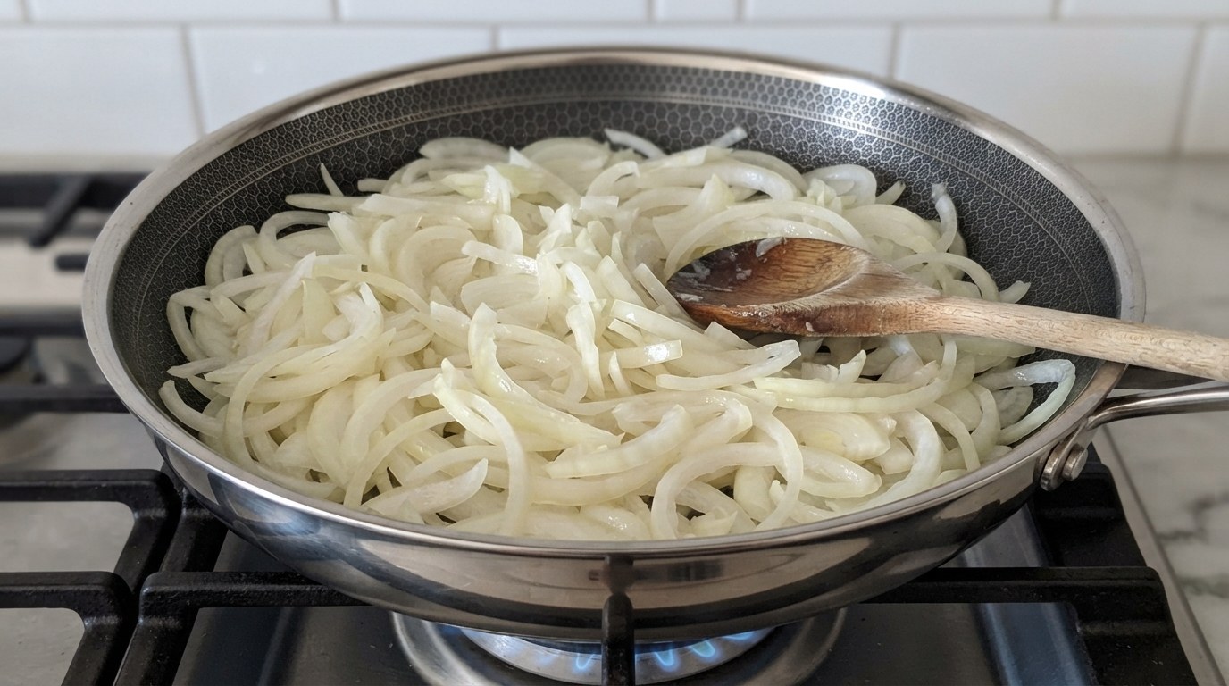 A tall pile of thinly sliced raw yellow onions just starting to wilt and turn translucent in melted butter, still pale with no browning