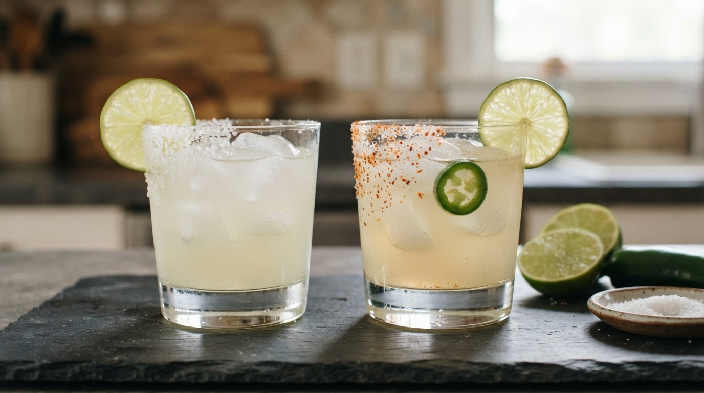A Casamigos Blanco margarita with a half salt rim and lime wheel beside a spicy margarita with a chili-salt rim and a jalapeño slice, cut limes and a dish of salt on a slate counter