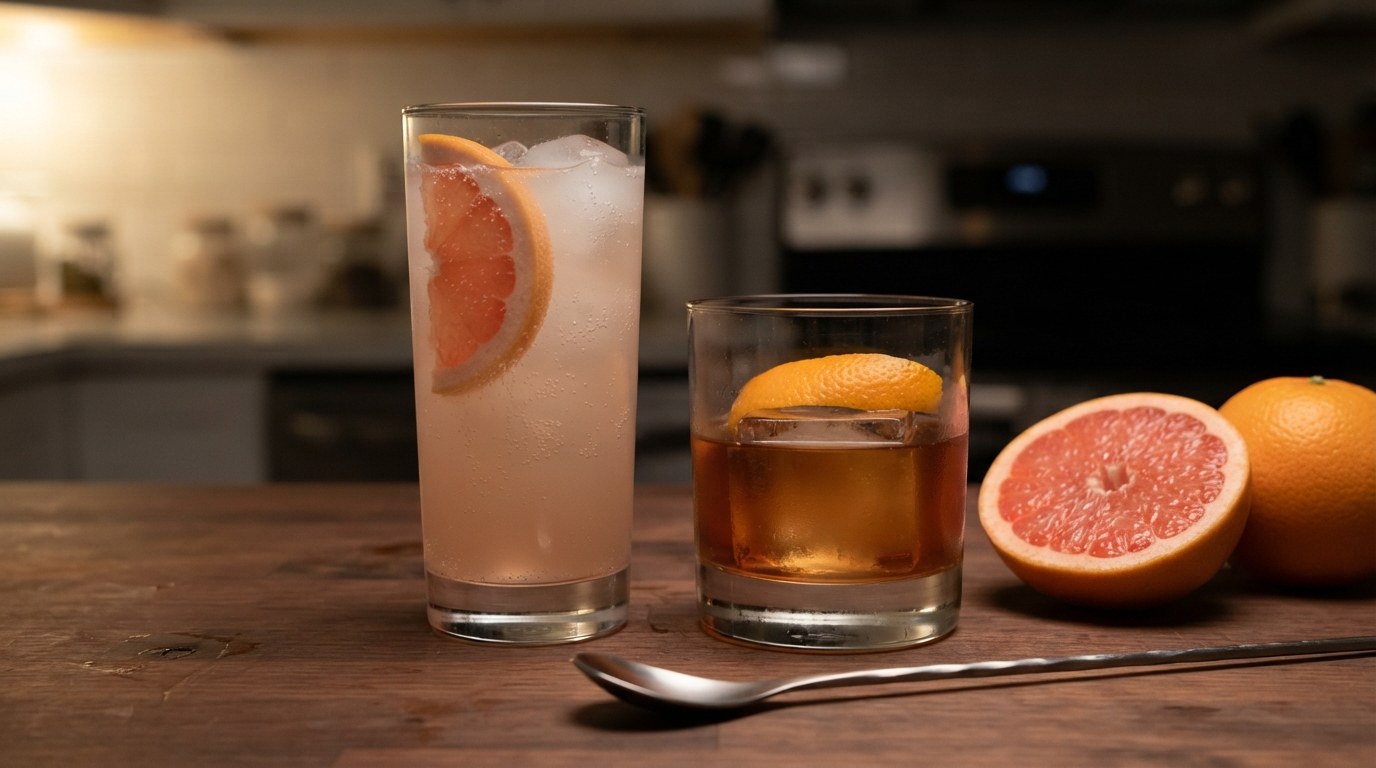 A tall Don Julio paloma with a grapefruit half-moon beside a Casamigos Añejo Old Fashioned on one large ice cube with an orange peel, half a grapefruit, an orange and a bar spoon on a walnut counter