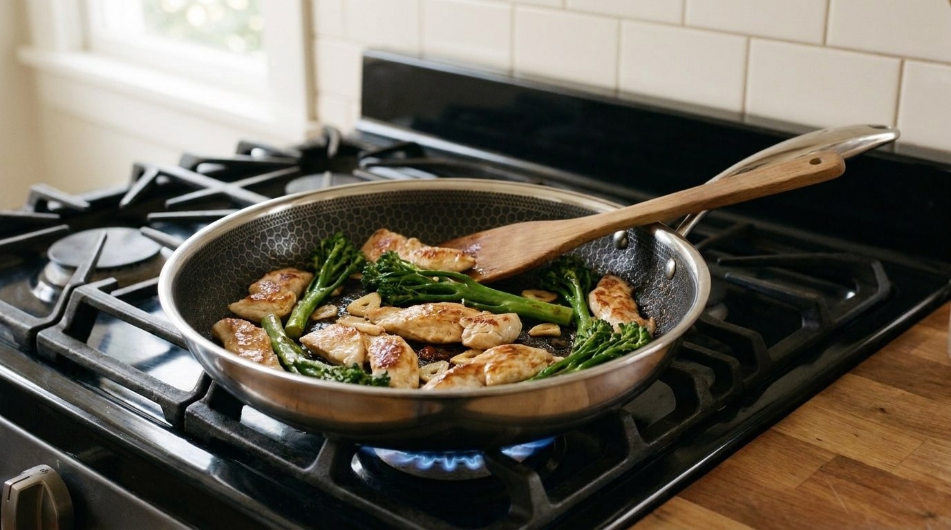 Golden seared chicken strips with crisp sliced garlic and halved broccolini glazed with soy sauce in a hybrid skillet on a gas range