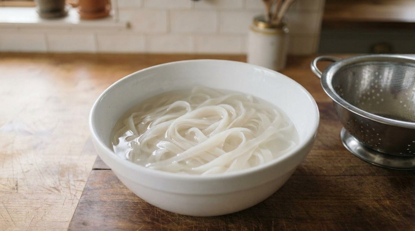 Wide flat rice noodles soaking in a bowl of hot water until soft and translucent, a colander beside the bowl on the counter