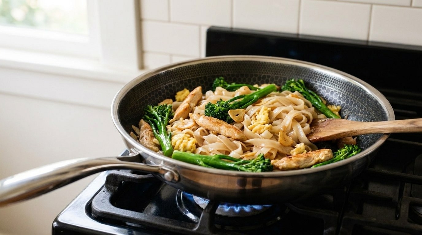 Finished chicken stir fry with wide rice noodles, scrambled egg, chicken strips and broccolini tossed together in the skillet