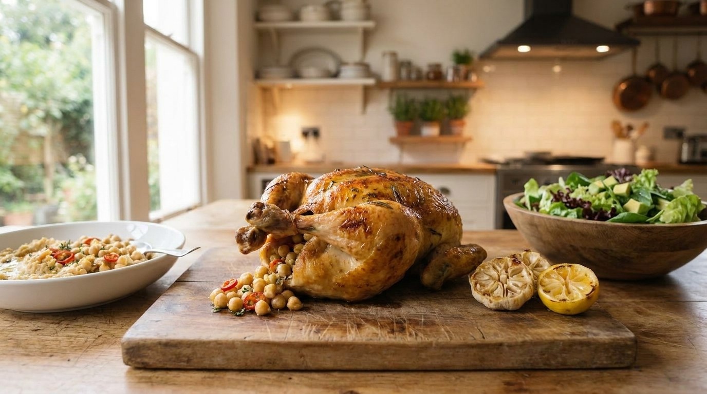 Golden roast chicken with chickpea stuffing, roasted garlic and a big green salad
