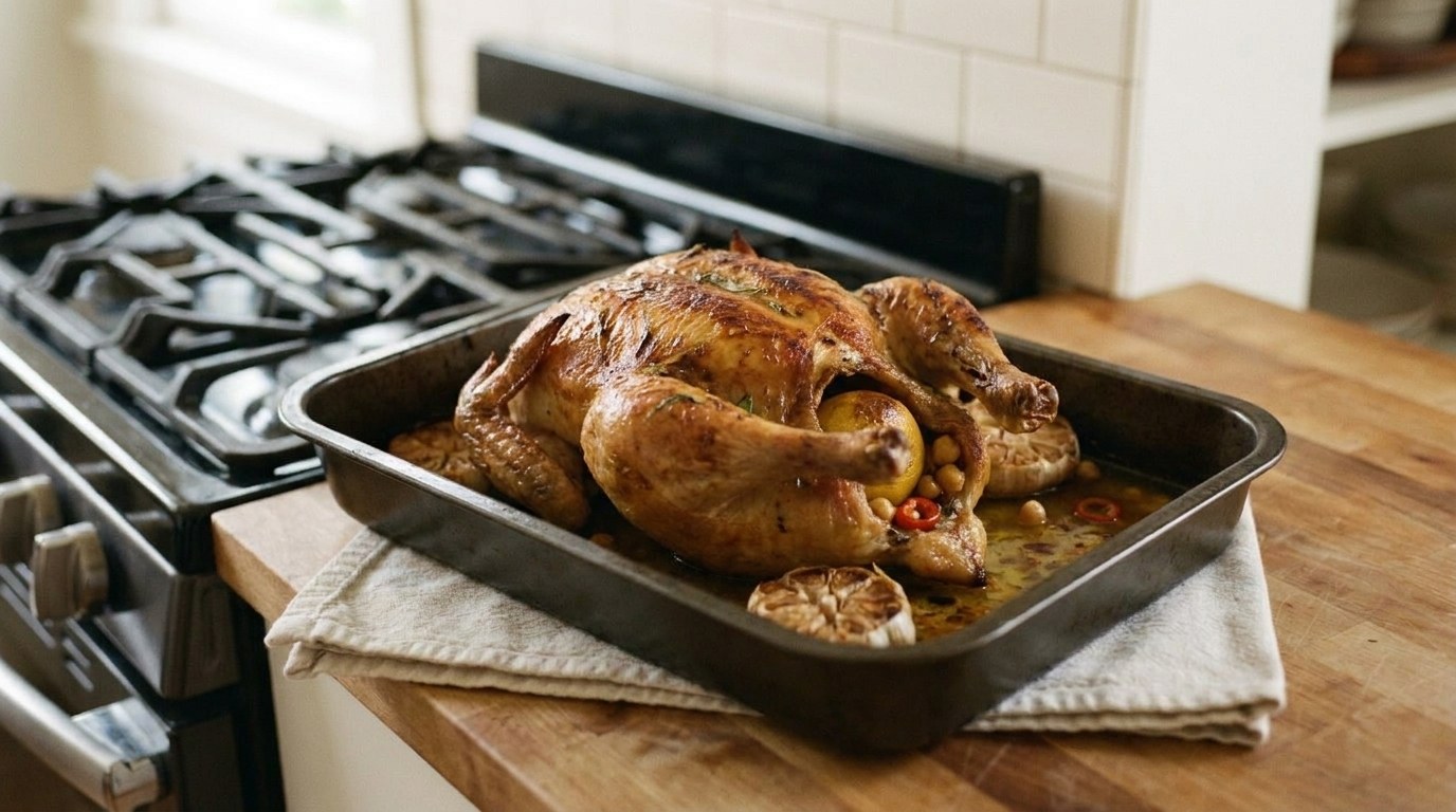 A golden roast chicken with chickpea stuffing in a roasting tin just out of the oven, roasted lemon and chickpeas at the cavity and caramelized garlic halves in the buttery juices