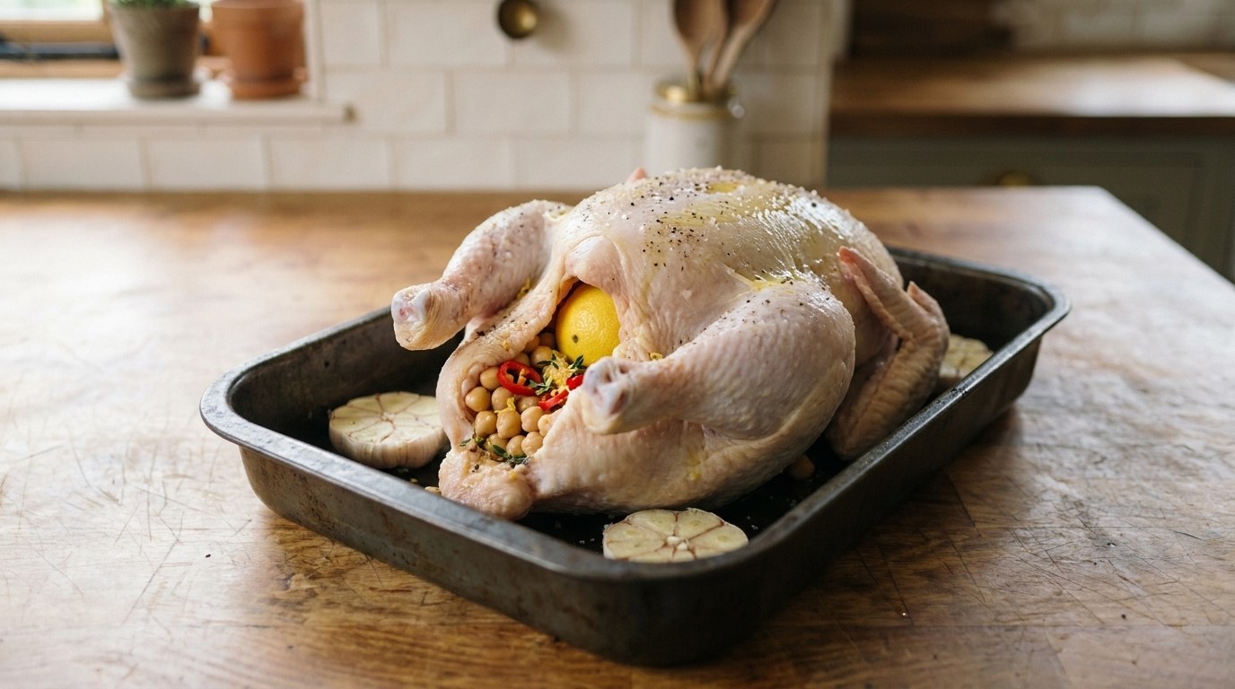 A raw whole chicken stuffed with chickpeas, sliced red chilli and thyme, a whole lemon wedged into the cavity, set on halved garlic heads in a roasting tin