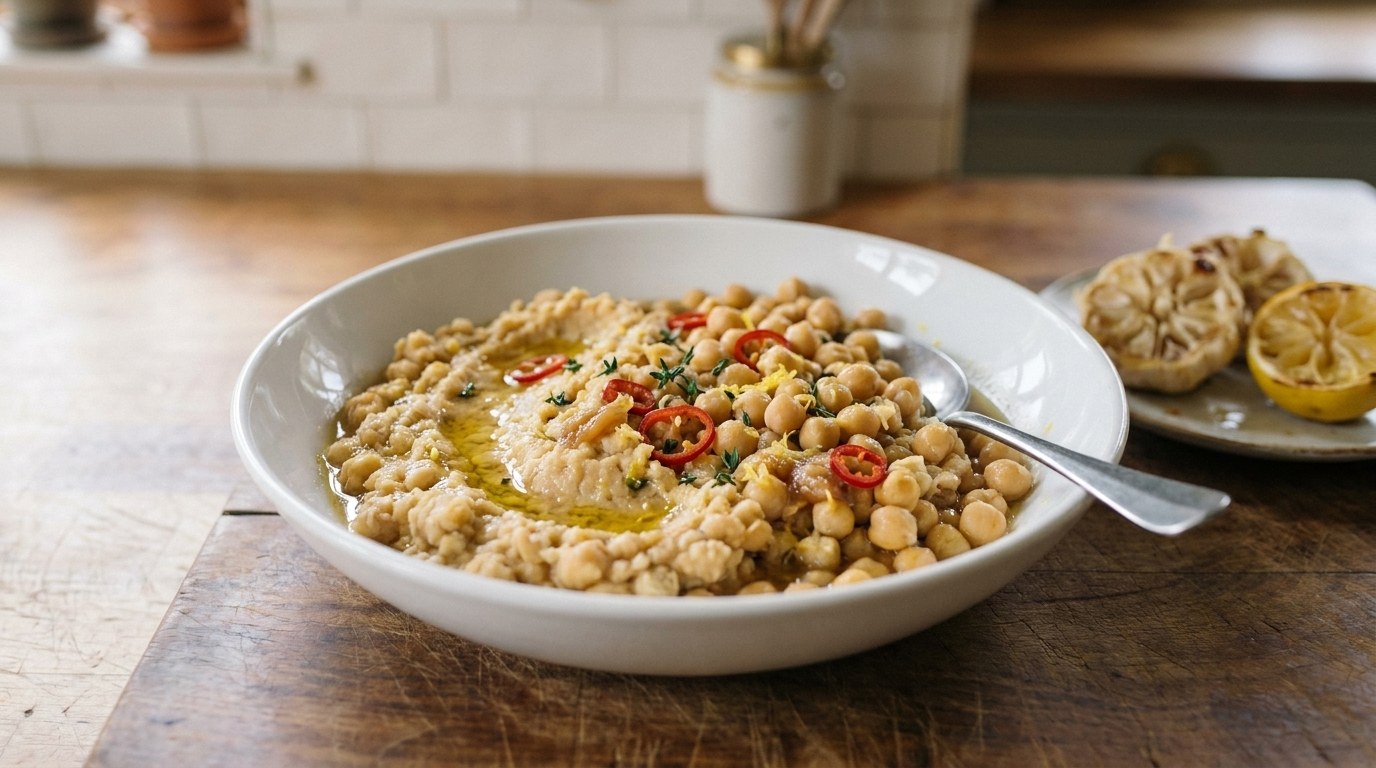 A bowl of coarsely mashed chickpea stuffing with red chilli rings, thyme leaves and olive oil, squeezed roasted garlic heads and a roasted lemon half beside it