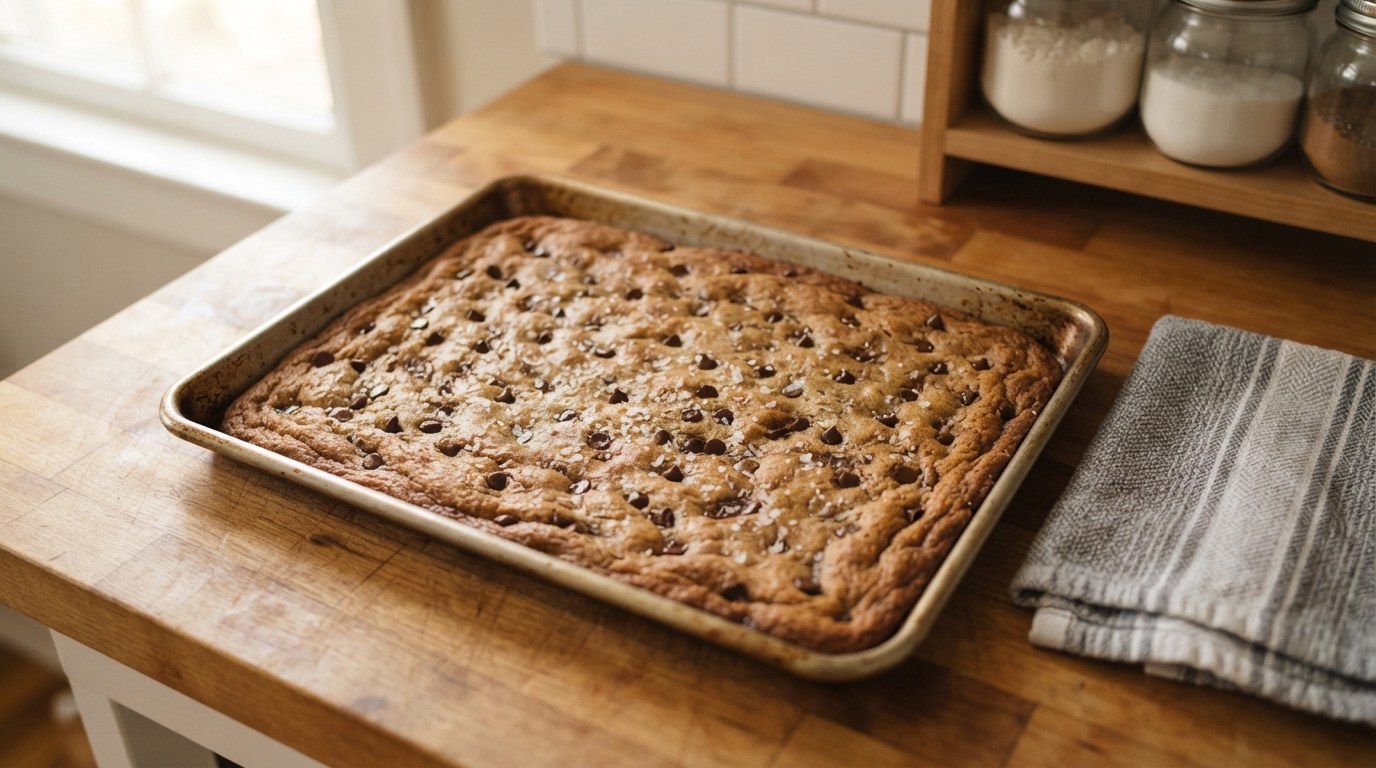 A half sheet pan just out of the oven holding one thin sheet of cookie brittle baked deep golden at the edges and golden in the center, with melted mini chips and flaky salt on top