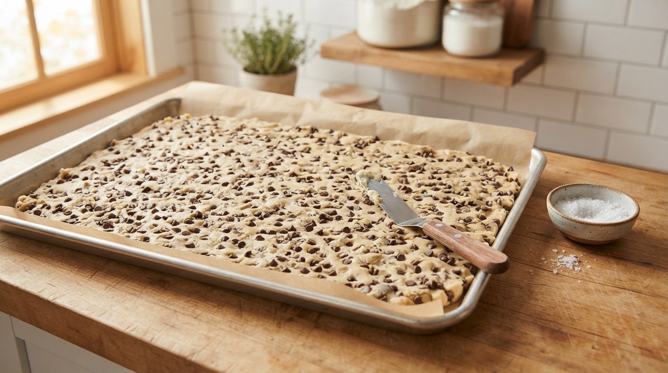 Cookie brittle dough studded with mini chocolate chips pressed into one thin even sheet on a parchment-lined half sheet pan, with an offset spatula resting on it and a bowl of flaky salt beside the pan