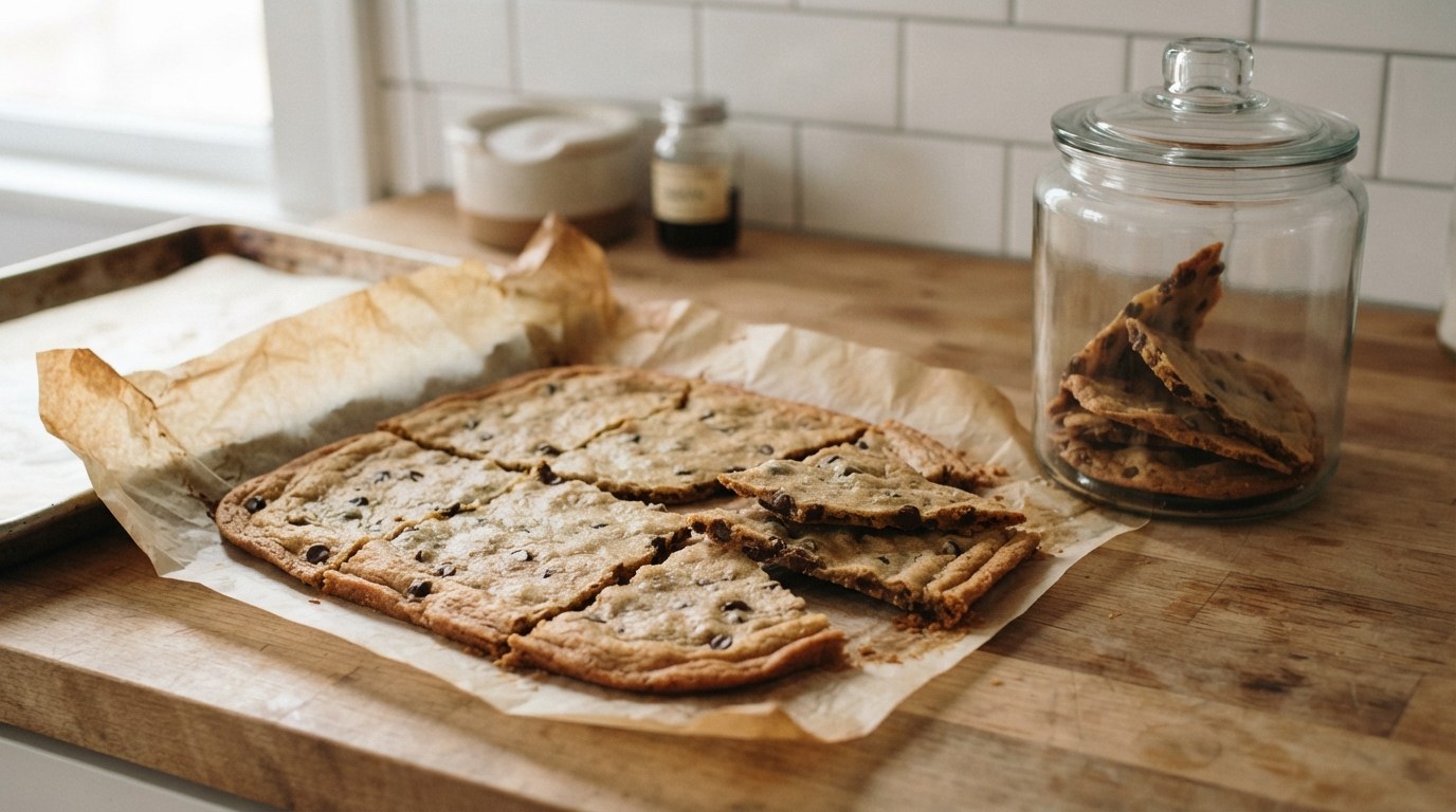 A cooled thin rectangular sheet of chocolate chip cookie brittle on parchment cracked into large flat shards, with a glass jar beside it holding a few shards